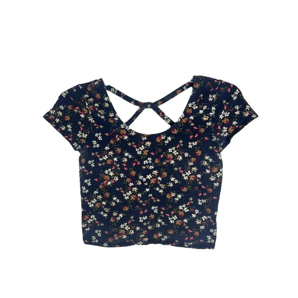 Prince and Fox Women’s Blue Floral Crop Top Tee Size L - Picture 3 of 6